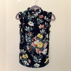 LOFT Navy Floral Sleeveless Flutter Top XS Extra Small